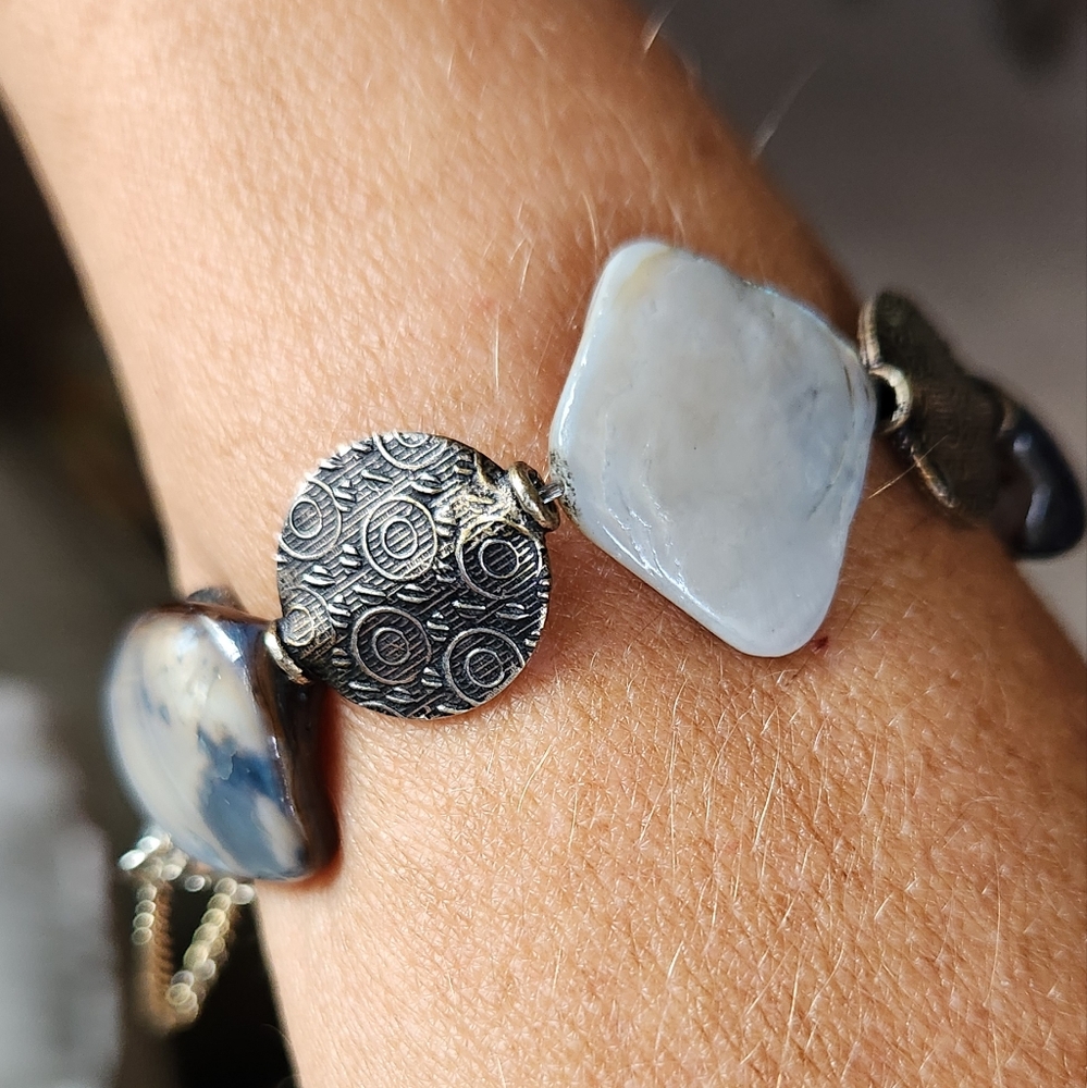 Handmade Oyster Shell & Embossed Spheres Bracelet  Size 7-8